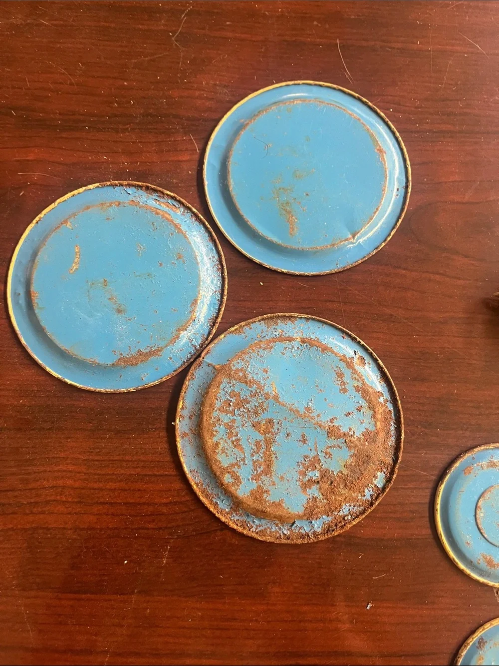 Vintage lot of Ohio Art Irwin Tin Litho Tea cups, saucers, and plates 13 pieces
